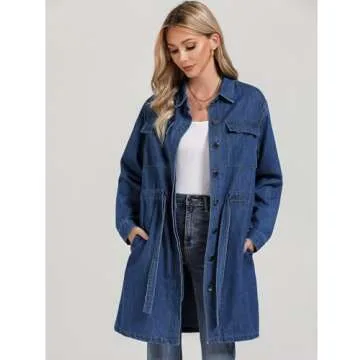 luvamia Womens Fashion Denim Dress Long Sleeve Drawstring Waist Jean Dresses Summer Dresses for Women 2024 Denim Dresses for Women Shirt Dresses for Women Classic Blue Size Medium Fits Size 8 Size 10