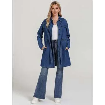 luvamia Womens Fashion Denim Dress Long Sleeve Drawstring Waist Jean Dresses Summer Dresses for Women 2024 Denim Dresses for Women Shirt Dresses for Women Classic Blue Size Medium Fits Size 8 Size 10