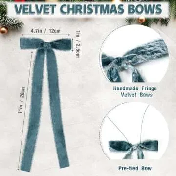 Glitinsel 20 Pcs Velvet Christmas Bows 4.7" x 11" Pre Tied Handmade Fringe Velvet Ribbon Bows Rustic Crafts Gift Bows with Twist Tie for Gift Wrapping Christmas Decorations(Dusty Blue)