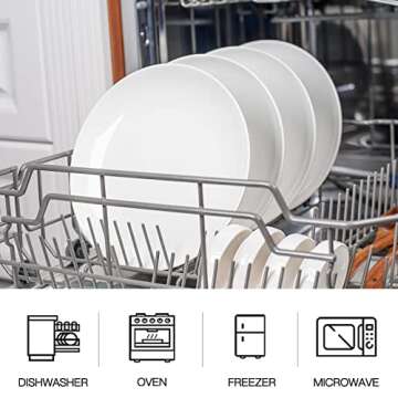 DELLING 10 inch White Dinner Plates Set, Porcelain Dessert/Salad Plate, Serving Dishes, Dinnerware Sets, Scratch Resistant, Microwave, Oven, and Dishwasher Safe - Set of 4