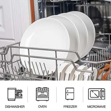 DELLING 10 inch White Dinner Plates Set, Porcelain Dessert/Salad Plate, Serving Dishes, Dinnerware Sets, Scratch Resistant, Microwave, Oven, and Dishwasher Safe - Set of 4