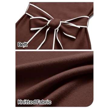 MEROKEETY Women's 2024 Long Sleeve Midi Sweater Dress Fall Mock Neck Color Block Tie Waist Bodycon Knit Dress, Coffee, L