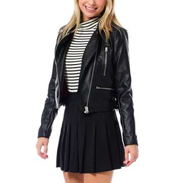 MixMatchy Women's Faux Leather Moto Biker Jackets 2023 Fall Clothes Long Sleeve Cropped Coat Outerwear Black S