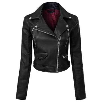 MixMatchy Women's Faux Leather Moto Biker Jackets 2023 Fall Clothes Long Sleeve Cropped Coat Outerwear Black S