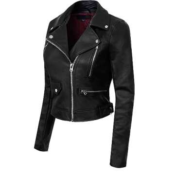 MixMatchy Women's Faux Leather Moto Biker Jackets 2023 Fall Clothes Long Sleeve Cropped Coat Outerwear Black S