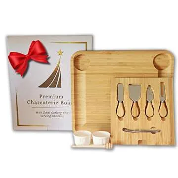 Peraco Bamboo Charcuterie Board Set and Accessories - Includes Large Cheese Board and Knife Set with Extra Utensils and Bowls - Perfect Serving Platter and Cutting Board - Includes free Ebook