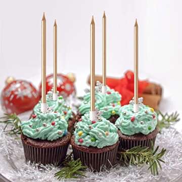 24 Count Party Long Thin Cake Candles Metallic Birthday Candles in Holders for Birthday Cakes Cupcake, Champagne Gold