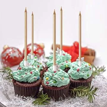 24 Count Party Long Thin Cake Candles Metallic Birthday Candles in Holders for Birthday Cakes Cupcake, Champagne Gold