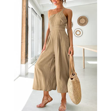 ANRABESS Women's Summer Straps One Shoulder Pleated High Waist Casual Wide Leg Jumpsuit Romper with Pockets 502kaqi-M