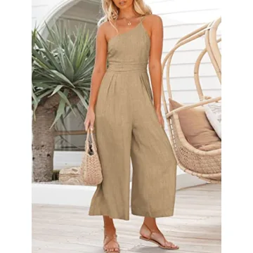 ANRABESS Women's Summer Straps One Shoulder Pleated High Waist Casual Wide Leg Jumpsuit Romper with Pockets 502kaqi-M