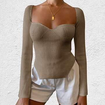 ACOSAP Women's Square Neck Ribbed Knitted Sweater Long Sleeve Crop Slim Fitted Basic Pullover Tops Khaki