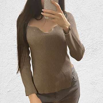 ACOSAP Women's Square Neck Ribbed Knitted Sweater Long Sleeve Crop Slim Fitted Basic Pullover Tops Khaki