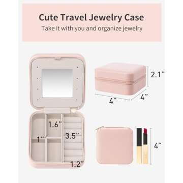 Vlando Small Travel Jewelry Box Organizer -Jewelry Display Case for Girls Women Bridesmaid Gift Rings Earrings Necklaces Storage with Mirror Pink