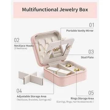 Vlando Small Travel Jewelry Box Organizer -Jewelry Display Case for Girls Women Bridesmaid Gift Rings Earrings Necklaces Storage with Mirror Pink