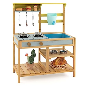 Costzon Wooden Kids Play Kitchen - Outdoor Mud Kitchen with Real Water Flow