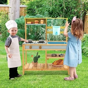 Costzon Wooden Kids Play Kitchen with Real Water Flow