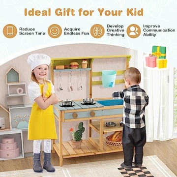 Costzon Wooden Kids Play Kitchen with Real Water Flow