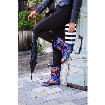Sloggers Waterproof Floral Rain Boots for Women - Cute Mid-Calf Mud & Muck Boots with Premium Comfort Support Insole, (Flower Power), (Size 8)