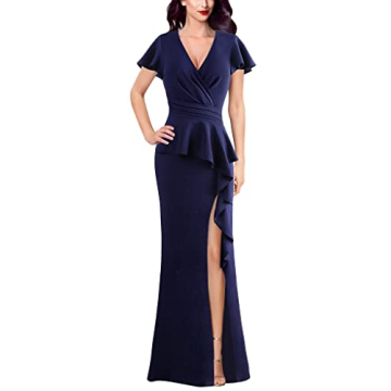 VFSHOW Women's Sparkly Ruched Wrap V Neck Ruffle Peplum Split Formal Evening Gown in Navy Blue