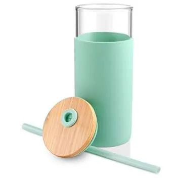 Tronco 20oz Glass Tumbler Glass Water Bottle Straw Silicone Protective Sleeve Bamboo Lid - BPA Free (Midnight Green/ 2 Pack)