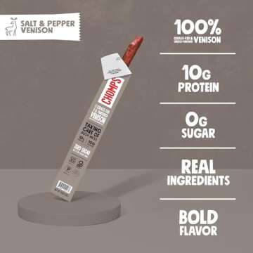 Chomps Grass-Fed & Finished Salt & Pepper Venison Jerky Meat Snack Sticks 10-Pack - Keto, Paleo, Low Carb, Whole30 Approved, 10g Lean Meat Protein, Gluten Free, Zero Sugar Food