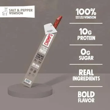 Chomps Grass-Fed & Finished Salt & Pepper Venison Jerky Meat Snack Sticks 10-Pack - Keto, Paleo, Low Carb, Whole30 Approved, 10g Lean Meat Protein, Gluten Free, Zero Sugar Food