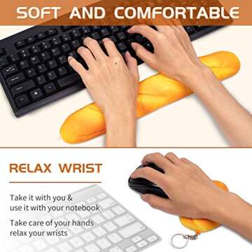Soft Toast Bread Baguette Shape Anti-Skid Keyboard Wrist Rest Support & Mouse Wrist Support for Office,Computer,Laptop& Mac,Slow Bounces Back Foam for Easy Typing & Pain Relief