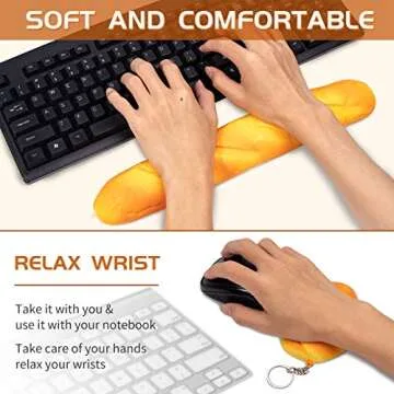 Soft Toast Bread Baguette Shape Anti-Skid Keyboard Wrist Rest Support & Mouse Wrist Support for Office,Computer,Laptop& Mac,Slow Bounces Back Foam for Easy Typing & Pain Relief