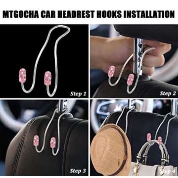 MTGOCHA Car Headrest Hooks Car Purse Hook, Universal Bling Car Seat Hooks Hanger, Car Hook for Purses and Bags Cute Metal Car Purse Holder Hook, Bling Car Accessories for Women, Pink