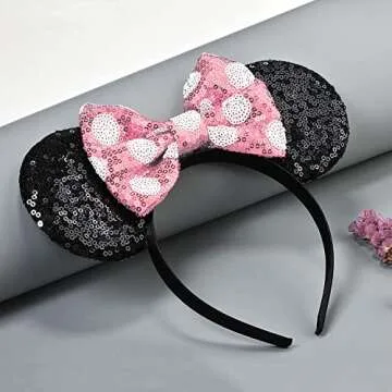 LYLIN Mouse Ears Headband, Sequin Ears Headbands with Bow Hairs Accessories for Girls Women Birthday Party Cosplay Costume (Pink)