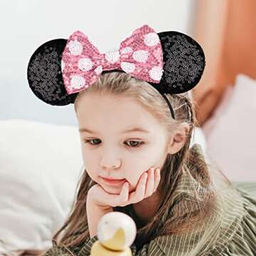 LYLIN Mouse Ears Headband, Sequin Ears Headbands with Bow Hairs Accessories for Girls Women Birthday Party Cosplay Costume (Pink)
