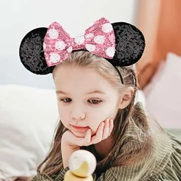 LYLIN Mouse Ears Headband, Sequin Ears Headbands with Bow Hairs Accessories for Girls Women Birthday Party Cosplay Costume (Pink)