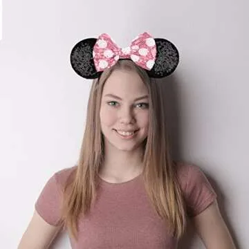 LYLIN Mouse Ears Headband, Sequin Ears Headbands with Bow Hairs Accessories for Girls Women Birthday Party Cosplay Costume (Pink)