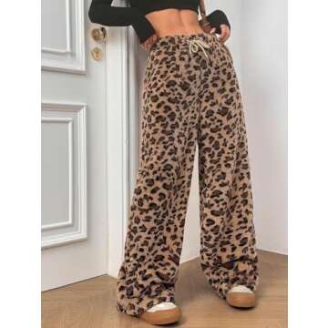 ZAFUL Women's Fuzzy Plush Pajama Pants Drawstring Elastic Waist Wide Leg Teddy Pj Bottoms Lounge Pants Leopard S