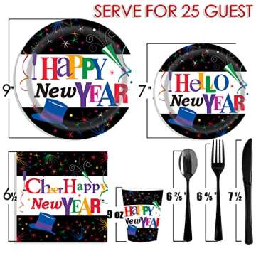 PAMMYAN Black Happy New Year Party Supplies Tableware Set - 2025 New Year Party Celebration Dinner P...