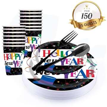 PAMMYAN Black Happy New Year Party Supplies Tableware Set - 2025 New Year Party Celebration Dinner Plates and Round Dessert Party Plate Serve for 25 Guest