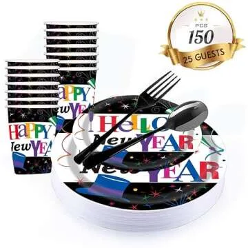 PAMMYAN Black Happy New Year Party Supplies Set - 175 PC for 25 Guests