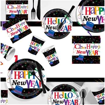 PAMMYAN Black Happy New Year Party Supplies Tableware Set - 2025 New Year Party Celebration Dinner Plates and Round Dessert Party Plate Serve for 25 Guest