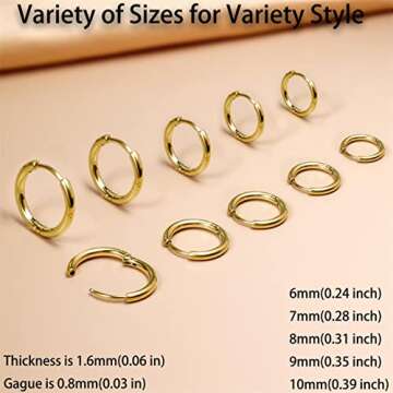 Small Gold Hoop Earrings Lightweight: Hinged Huggie Hoop Earrings for Lobe Cartilage Helix Tiny Hoops Earrings in Gold Plated Silver Black for Women Men (Set of 1 - 5 Pairs) (14K Gold - 6mm/7mm/8mm/9mm/10mm)