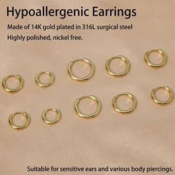 Small Gold Hoop Earrings Lightweight: Hinged Huggie Hoop Earrings for Lobe Cartilage Helix Tiny Hoops Earrings in Gold Plated Silver Black for Women Men (Set of 1 - 5 Pairs) (14K Gold - 6mm/7mm/8mm/9mm/10mm)