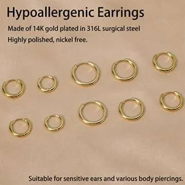 Small Gold Hoop Earrings Lightweight: Hinged Huggie Hoop Earrings for Lobe Cartilage Helix Tiny Hoops Earrings in Gold Plated Silver Black for Women Men (Set of 1 - 5 Pairs) (14K Gold - 6mm/7mm/8mm/9mm/10mm)