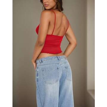 Cioatin Women Y2K Sleeveless See Through Mesh V Neck Crop Tank Cami Spaghetti Strap Bustier Slim Backless Tops Going Out Red