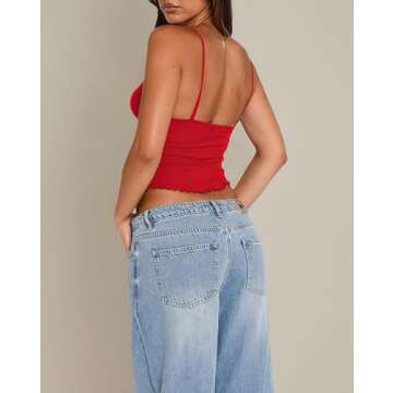 Cioatin Women Y2K Sleeveless See Through Mesh V Neck Crop Tank Cami Spaghetti Strap Bustier Slim Backless Tops Going Out Red