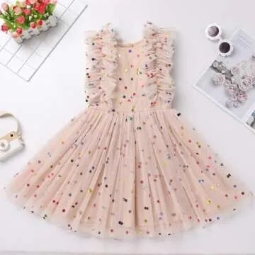 Toddler Girls 1st 2nd 3rd 4th 5th 6th 7th 8th 9th 10th Birthday Outfit Confetti Polka Dots Butterfly Print Princess Party Tulle Tutu Dress Cake Smash Clothes for Photo Shoot Kids Apricot 7-8 Years