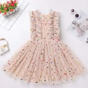 Toddler Girls 1st 2nd 3rd 4th 5th 6th 7th 8th 9th 10th Birthday Outfit Confetti Polka Dots Butterfly Print Princess Party Tulle Tutu Dress Cake Smash Clothes for Photo Shoot Kids Apricot 7-8 Years