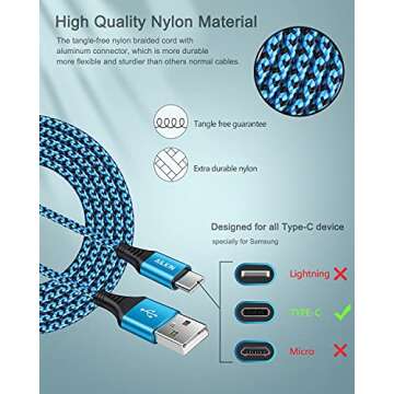 [4Pack/6FT] USB Type C to USB A Cable, 3A Fast Charging Long Android USBC Phone Power Charger Braided Cord for Samsung Galaxy S23 Ultra S22 S21 S20 S24 iPhone 16 15 Pro Max Moto Android Type-C Cable