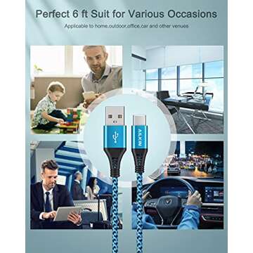 [4Pack/6FT] USB Type C to USB A Cable, 3A Fast Charging Long Android USBC Phone Power Charger Braided Cord for Samsung Galaxy S23 Ultra S22 S21 S20 S24 iPhone 16 15 Pro Max Moto Android Type-C Cable