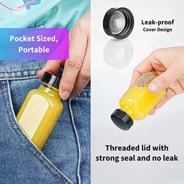 Syntic Clear Reusable Ginger Shot Bottles with Caps - 8 Pack 2 oz Small Square Glass Jars with 8 Sealed Conical Inner Caps & 8 Airtight Lids, Wide Mouth Juice bottles for Fridge, Extra Sticker, Funnel