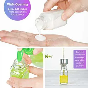 Syntic Clear Reusable Ginger Shot Bottles with Caps - 8 Pack 2 oz Small Square Glass Jars with 8 Sealed Conical Inner Caps & 8 Airtight Lids, Wide Mouth Juice bottles for Fridge, Extra Sticker, Funnel