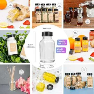 Syntic Clear Reusable Ginger Shot Bottles with Caps - 8 Pack 2 oz Small Square Glass Jars with 8 Sealed Conical Inner Caps & 8 Airtight Lids, Wide Mouth Juice bottles for Fridge, Extra Sticker, Funnel
